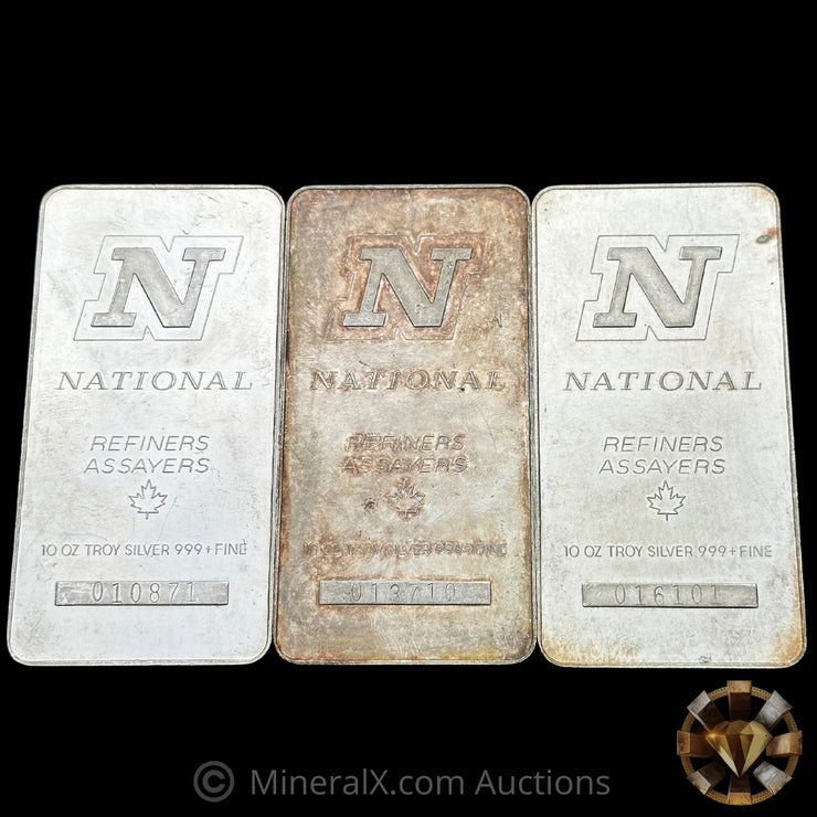 x3 10oz National Refiners Assayers Vintage Silver Bars