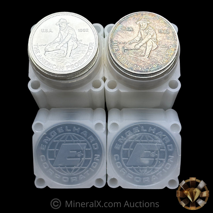 x50 1oz 1982 Engelhard Prospector "E Logo" Vintage Silver Coins (x2 Original Factory Tubes Of x25 / 50oz Total) BU