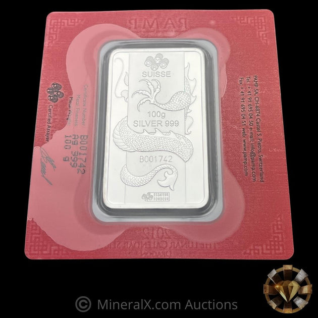 2012 PAMP Lunar Calendar Series Year of The Dragon 100g Silver Bar