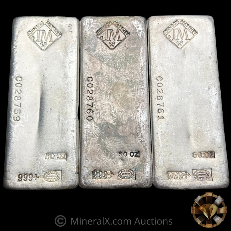 x3 50oz Johnson Matthey JM Sequential C Serial Vintage Silver Bars (150oz Total)