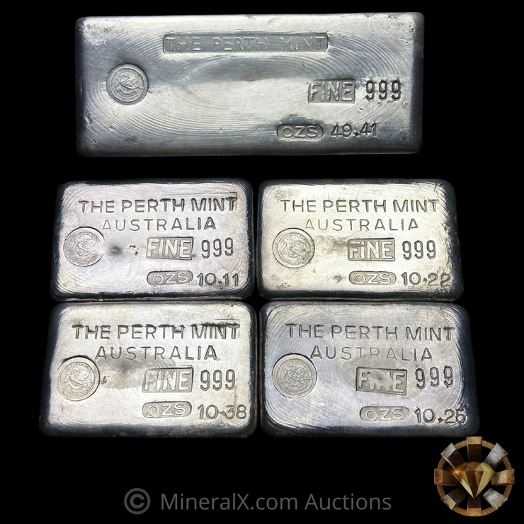 x4 10oz & x1 50oz The Perth Mint Australia Type A Vintage Silver Bars with Original Serial Numbers Matching Mint Paperwork From 1978 (90.37oz Total)