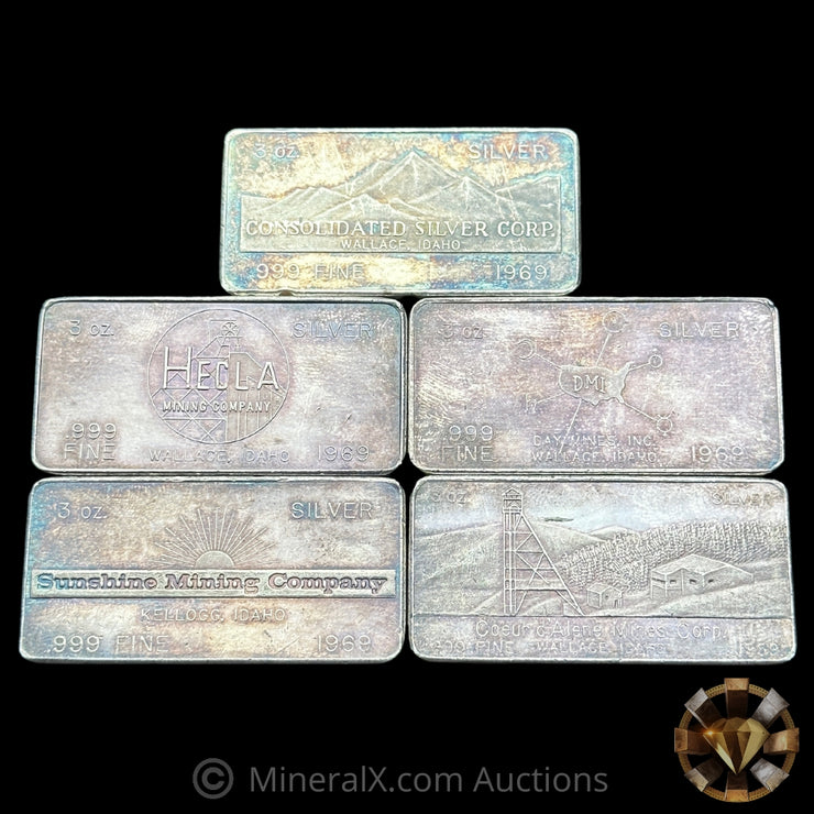 x5 3oz W H Fosters "From Out Of The West" Vintage Silver Bars With Original Box