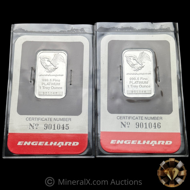 x2 1oz Engelhard Blank Back Sequential Vintage Platinum Bars Mint In Seal With Assay Certificate
