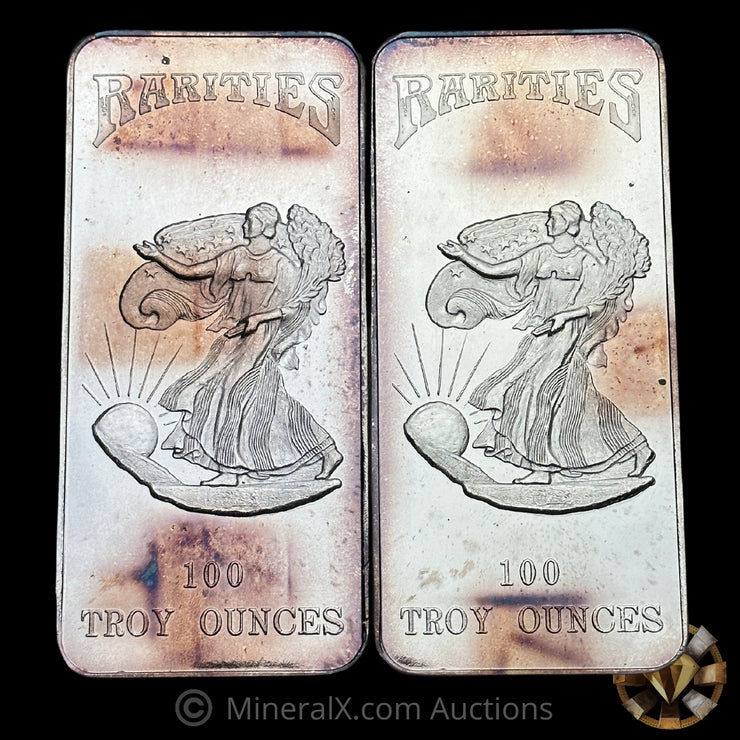 x2 100oz 1986 Rarities Mint Walking Liberty Vintage Silver Bar With Sequential Low Serial Numbers Matching COA & Original Factory Wrapping
