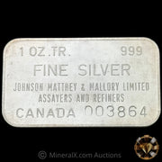 1oz Johnson Matthey & Mallory Limited Assayers And Refiners Vintage Silver Art Bar