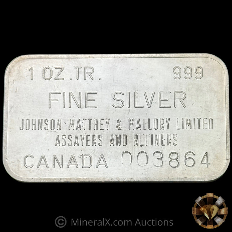 1oz Johnson Matthey & Mallory Limited Assayers And Refiners Vintage Silver Art Bar