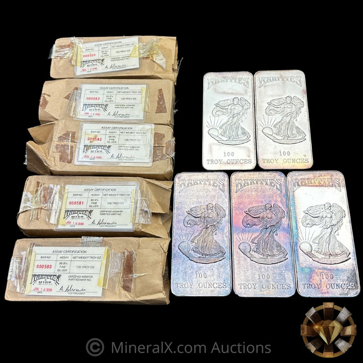 x5 100oz 1986 Rarities Mint Walking Liberty Vintage Silver Bars With Sequential Low Serial Numbers Matching COA & Original Factory Wrapping