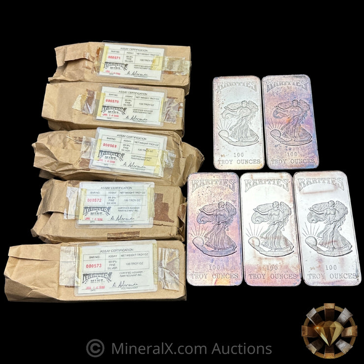 x5 100oz 1986 Rarities Mint Walking Liberty Vintage Silver Bars With Sequential Low Serial Numbers Matching COA & Original Factory Wrapping