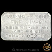 100g Johnson Matthey & Mallory JMM Vintage Silver Bar