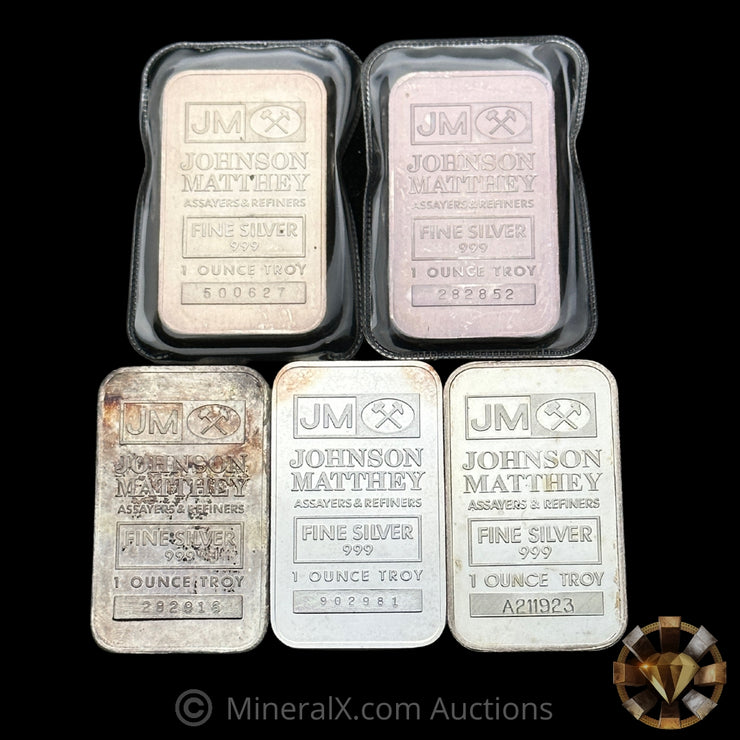 x5 1oz Johnson Matthey JM Vintage Silver Bars