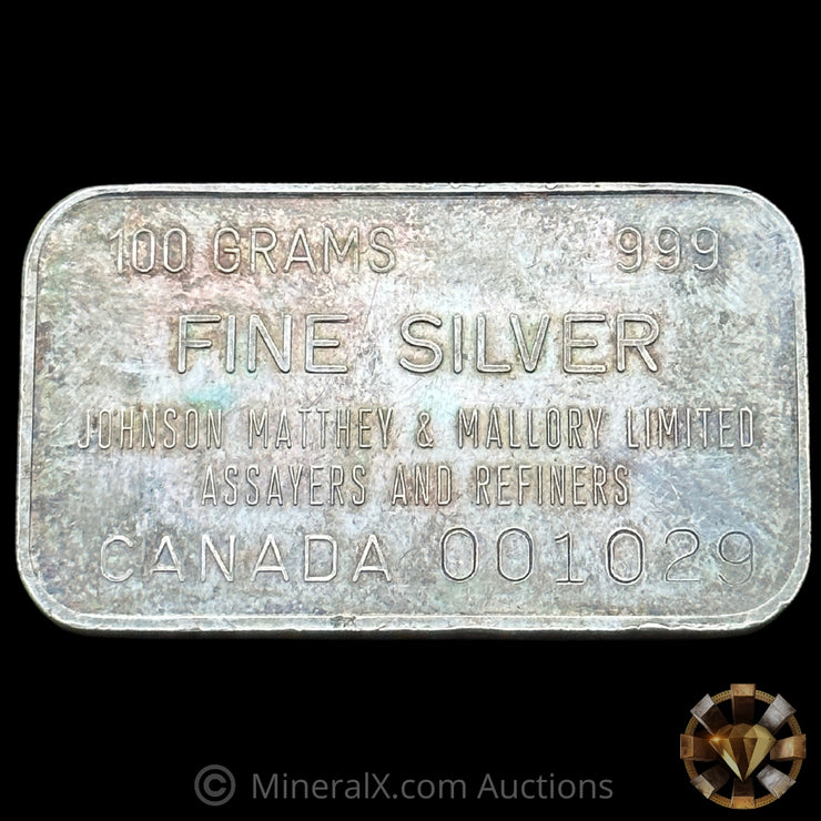 100g Johnson Matthey & Mallory Limited Assayers and Refiners Vintage Silver Bar