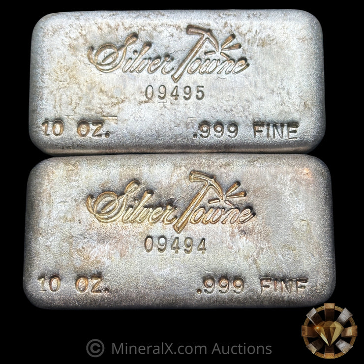 x2 10oz Silvertowne Consecutive Serial Vintage Silver Bars