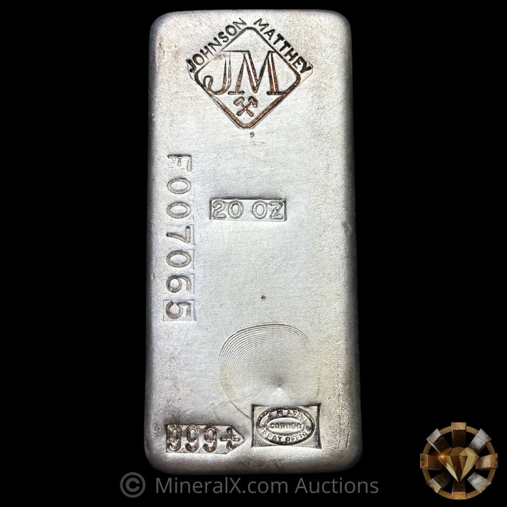 20oz Johnson Matthey JM Left Side F Serial Vintage Silver Bar