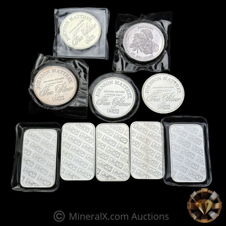 x10 1oz Misc Johnson Matthey Vintage Silver Art Bars and Coins