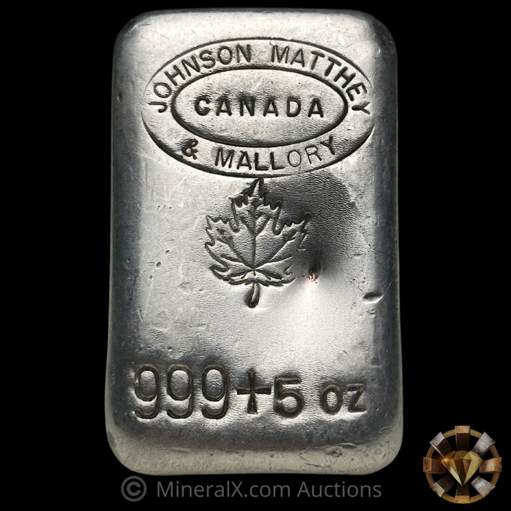 5oz Johnson Matthey & Mallory Canada JM "With Maple Leaf" Vintage Silver Bar