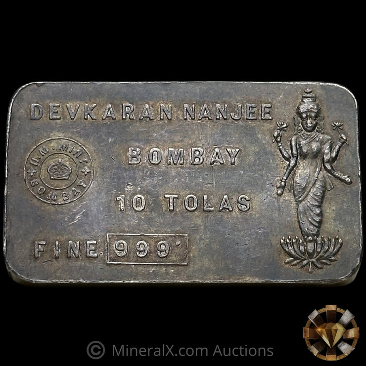 10 Tolas (3.75oz) HM Mint Devkaran Nanjee Bombay Vintage Silver Bar