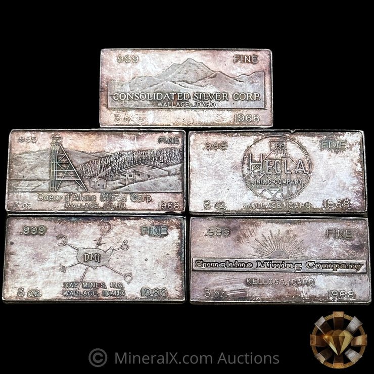 x5 3oz 1968 W H Foster Complete Serial Numbers Matching Vintage Silver Bar Set with Original Black Velvet Box and Paperwork