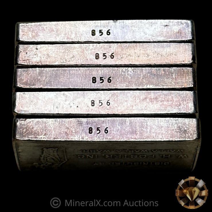 x5 3oz 1968 W H Foster Complete Serial Numbers Matching Vintage Silver Bar Set with Original Black Velvet Box and Paperwork