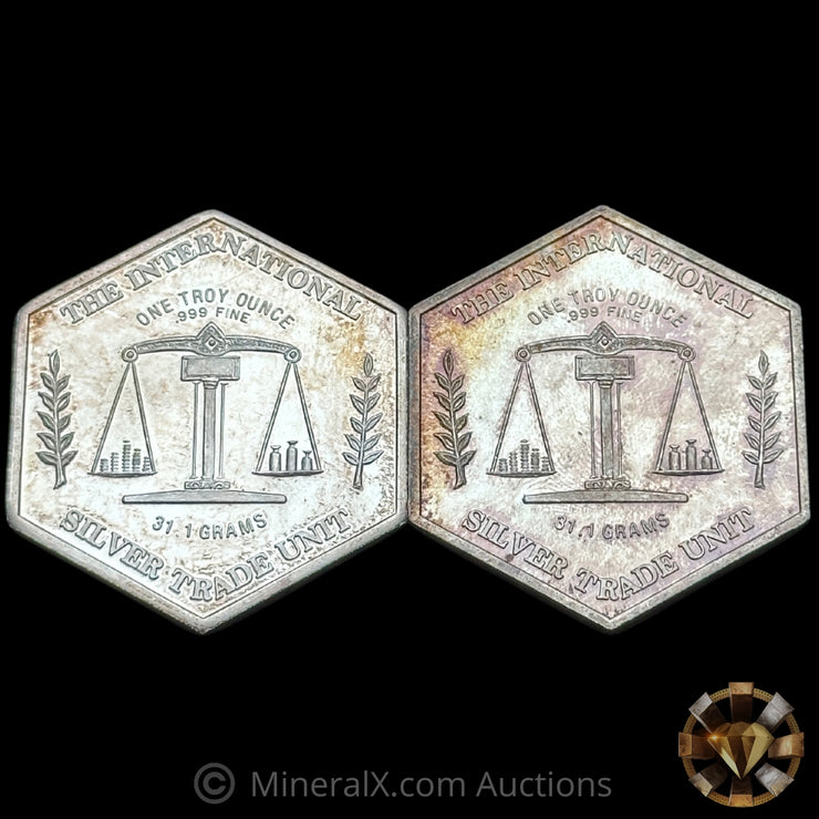 x2 1oz International Silver Trade Unit Hexagon Vintage Silver Coins