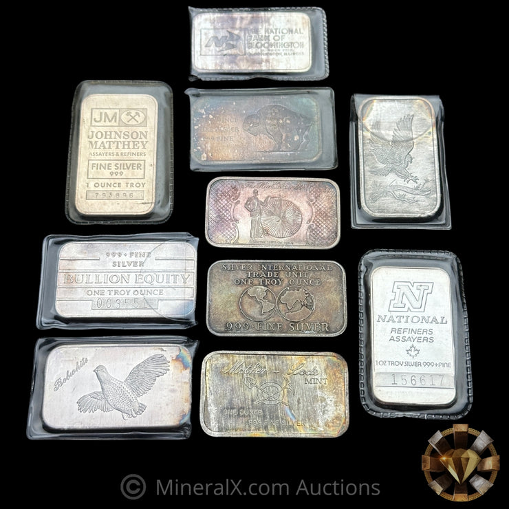 x10 1oz Misc Vintage Silver Bar Lot