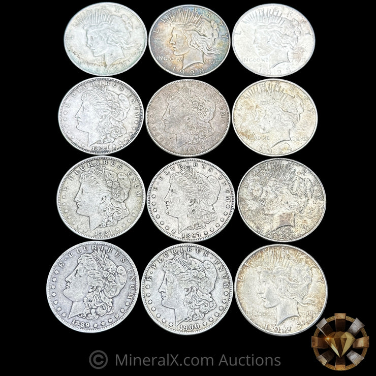 x12 Silver Dollar Lot (x6 Morgan, x6 Peace) ($12 FV / 90% Silver)