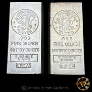 x2 1984 100oz Sunshine Mining Sequential Serial Vintage Extruded Silver Bars