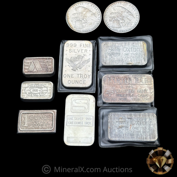 x10 1oz Misc Vintage Silver Bar & Coin Lot