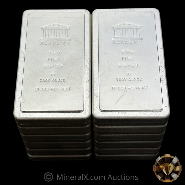 x10 10oz Academy "In God We Trust" Vintage Silver Stacker Bars (100oz Total)