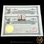 x2 1982 5oz Consolidated Mines & Metals Sequential Vintage Silver Bars With Original COAs Made Out To Deak Perera