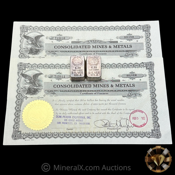 x2 1982 5oz Consolidated Mines & Metals Sequential Vintage Silver Bars With Original COAs Made Out To Deak Perera