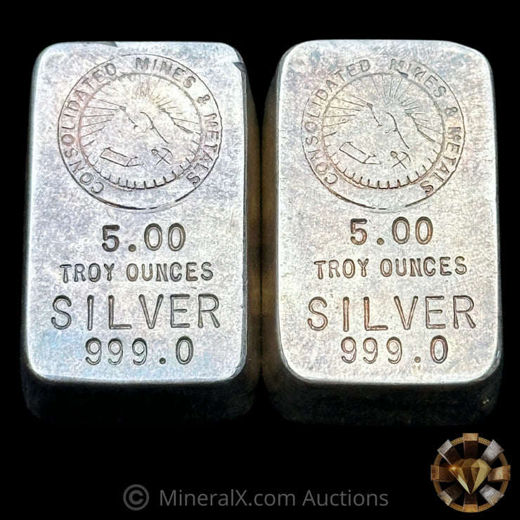 x2 1982 5oz Consolidated Mines & Metals Sequential Vintage Silver Bars With Original COAs Made Out To Deak Perera