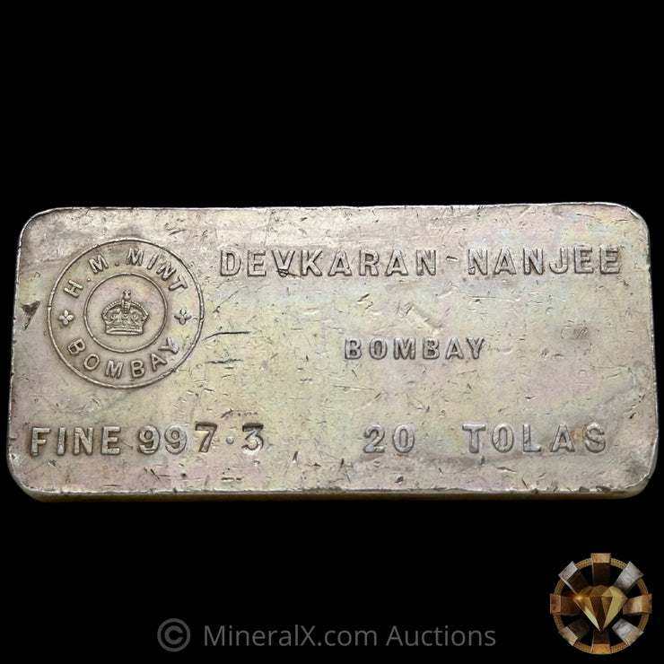 20Tolas (7.5oz) H M Mint Bombay Devkaran Nanjee Vintage Silver Bar