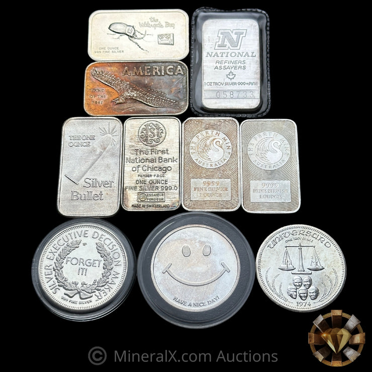 x10 1oz Misc Vintage Silver Bar & Coin Lot