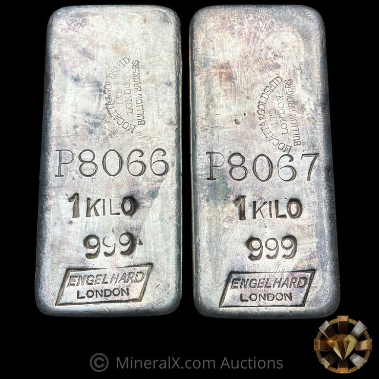 x2 Kilo Engelhard London Sequential Serial Vintage Silver Bars With Mocatta & Goldsmid Counterstamps