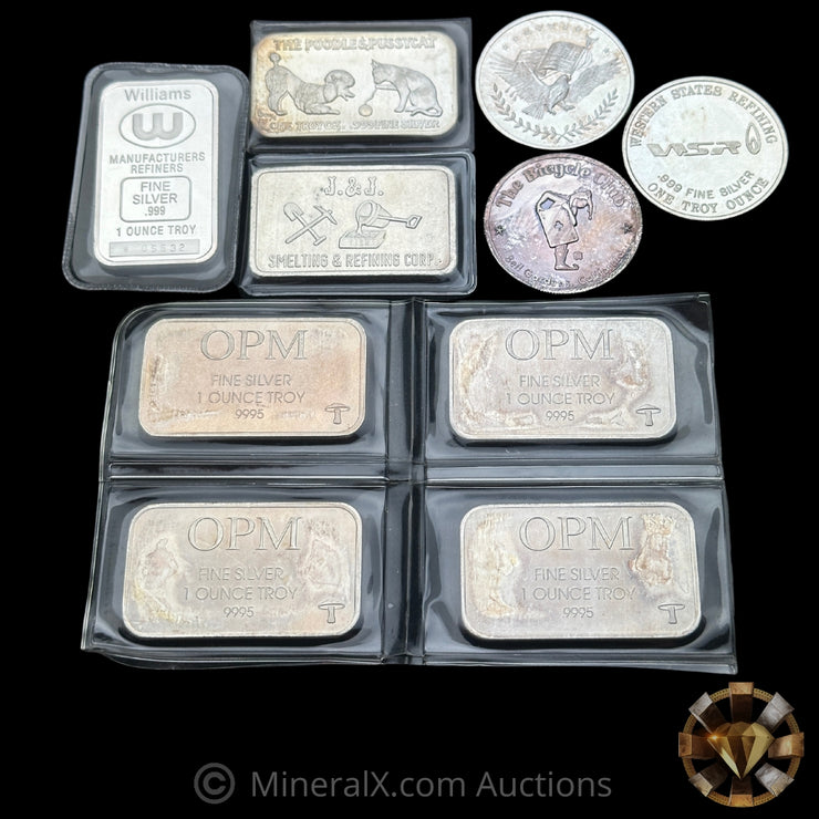 x10 1oz Misc Vintage Silver Bar & Coin Lot