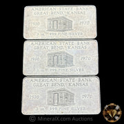 x3 3oz 1970 W H Foster American State Bank Kansas Vintage Silver Bar Lot