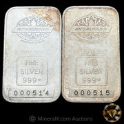 x2 1oz Engelhard Maple Leaf Bull Logo Privy Sequential Vintage Silver Bars With Low Serials