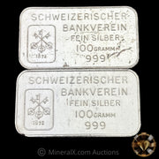 x2 100g Johnson Matthey JM London Schweizerischer Bankverein Vintage Silver Bars