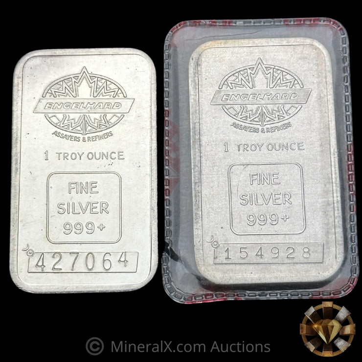 x2 1oz Engelhard Maple Leaf Bull Logo Privy Large & Small Serial Varieties Vintage Silver Bars