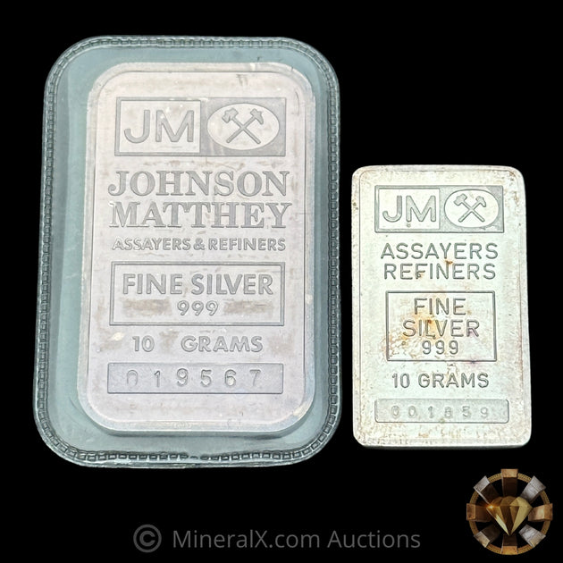 x2 10g JM Johnson Matthey Vintage Silver Fractional Bars – MineralX
