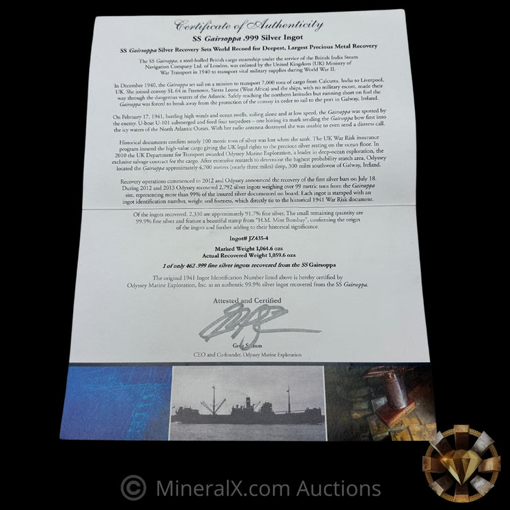 1064.6oz 1940 Authentic WW2 SS Gairsoppa Shipwreck Treasure Vintage Silver Ingot Bar With Handsigned COA From CEO Of Odyssey Exploration