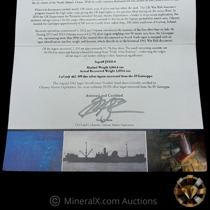 1064.6oz 1940 Authentic WW2 SS Gairsoppa Shipwreck Treasure Vintage Silver Ingot Bar With Handsigned COA From CEO Of Odyssey Exploration