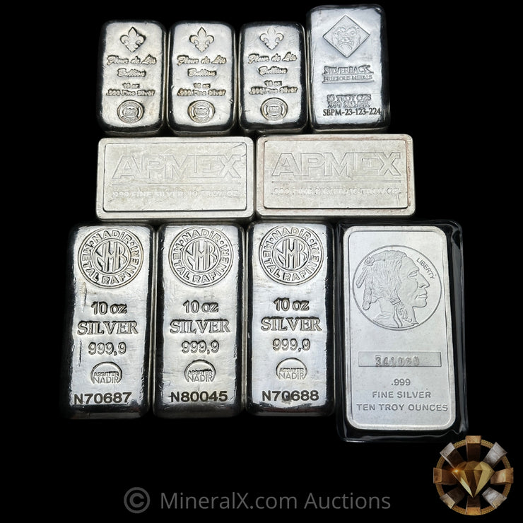 x10 10oz (100oz Total) Misc Silver Bar Lot