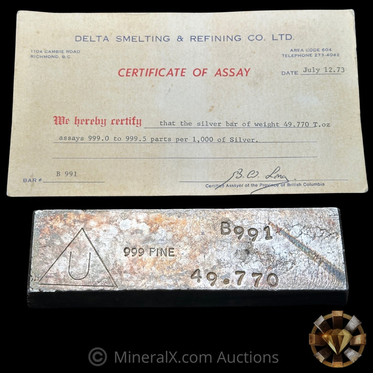 49.770oz Delta Smelting & Refining Co LTD Rare Early Variety Mold With Original Handsigned Numbers Matching 1973 Dated COA