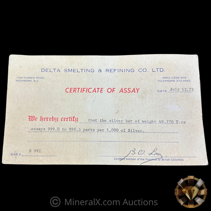 49.770oz Delta Smelting & Refining Co LTD Rare Early Variety Mold With Original Handsigned Numbers Matching 1973 Dated COA