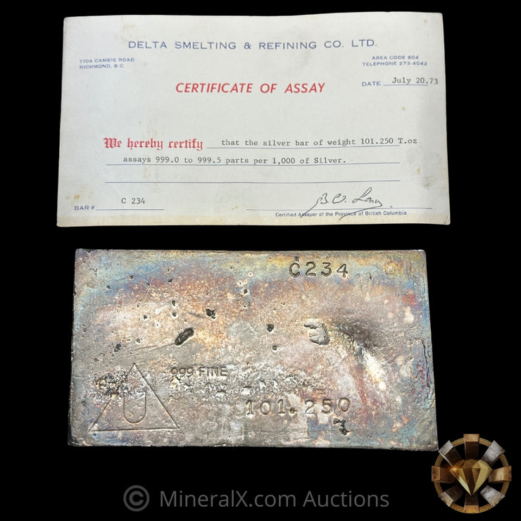 101.250oz Delta Smelting & Refining Co LTD Rare Early Variety Mold With Original Handsigned Numbers Matching 1973 Dated COA