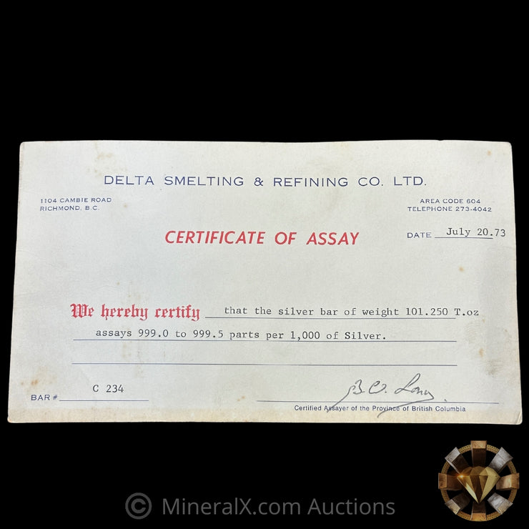 101.250oz Delta Smelting & Refining Co LTD Rare Early Variety Mold With Original Handsigned Numbers Matching 1973 Dated COA