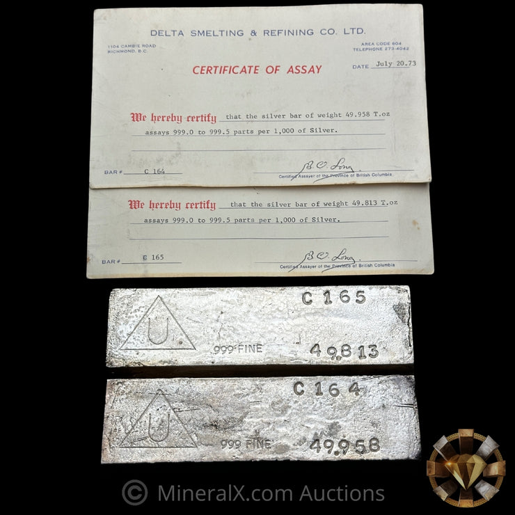 x2 50oz (49.814oz & 49.958oz) Delta Smelting & Refining Co LTD Rare Early Variety Mold With Sequential Serials & Original Handsigned Numbers Matching 1973 Dated COA (99.771oz Total)