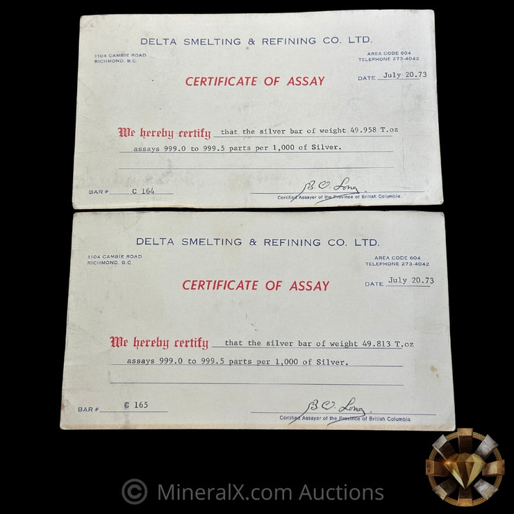 x2 50oz (49.814oz & 49.958oz) Delta Smelting & Refining Co LTD Rare Early Variety Mold With Sequential Serials & Original Handsigned Numbers Matching 1973 Dated COA (99.771oz Total)