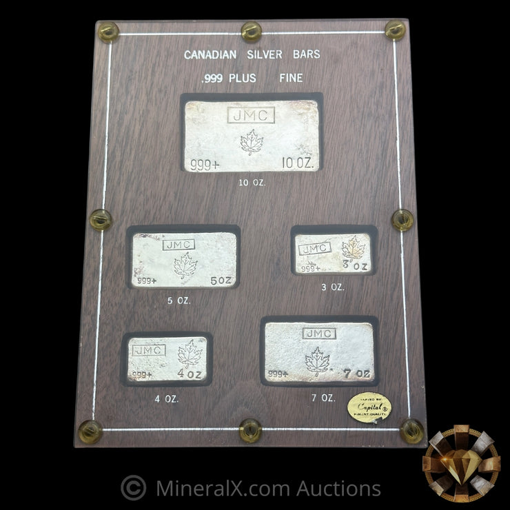 29oz (10oz,7oz,5oz,4oz,3oz) JMC Johnson Matthey "Canadian Silver Bars" Maple Leaf Complete Vintage Silver Bar Set In Rare Original Capital Plastics Woods Display Holder (Rare "Hooked" Variety 3oz & 7oz)